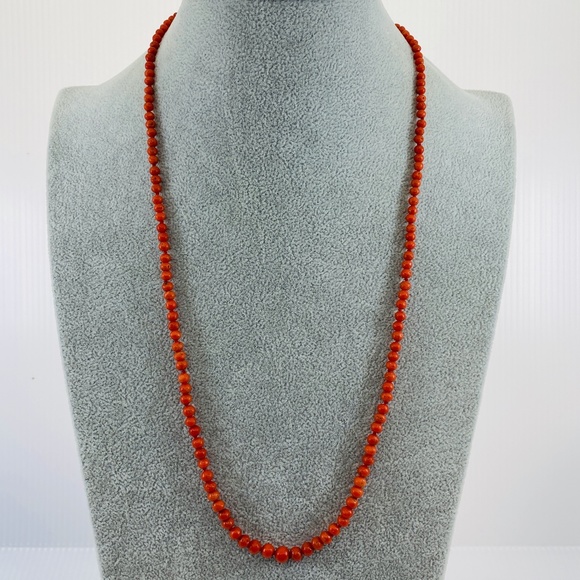 Vintage marked 14 kt white gold hand carved natural red coral beaded 24